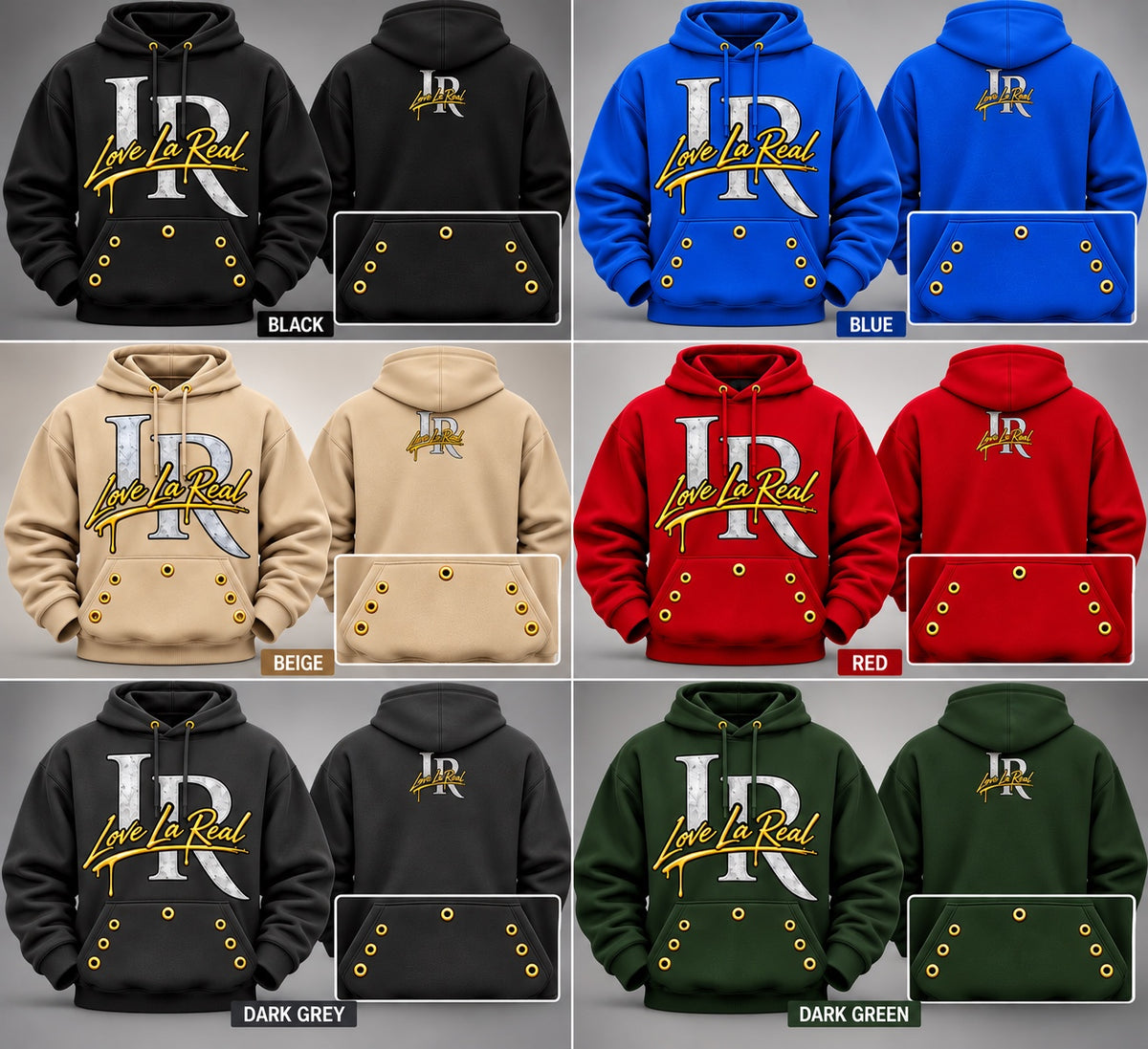Love La Real LR hoodie in black, blue, beige, red, dark grey, and dark green