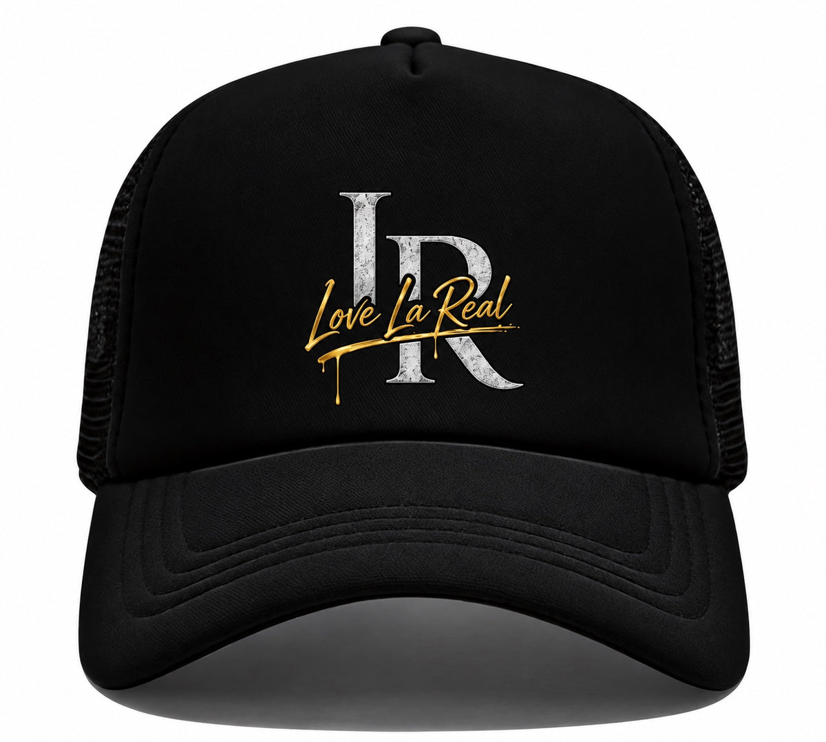 Love La Real black hat with silver LR and gold script logo