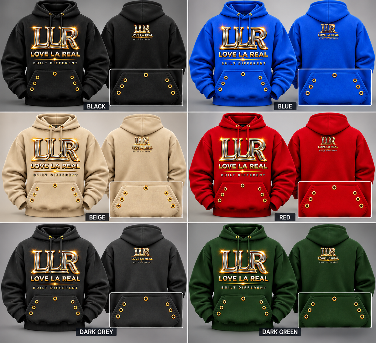 Love La Real LLR hoodie collection in six colors with gold pocket grommets