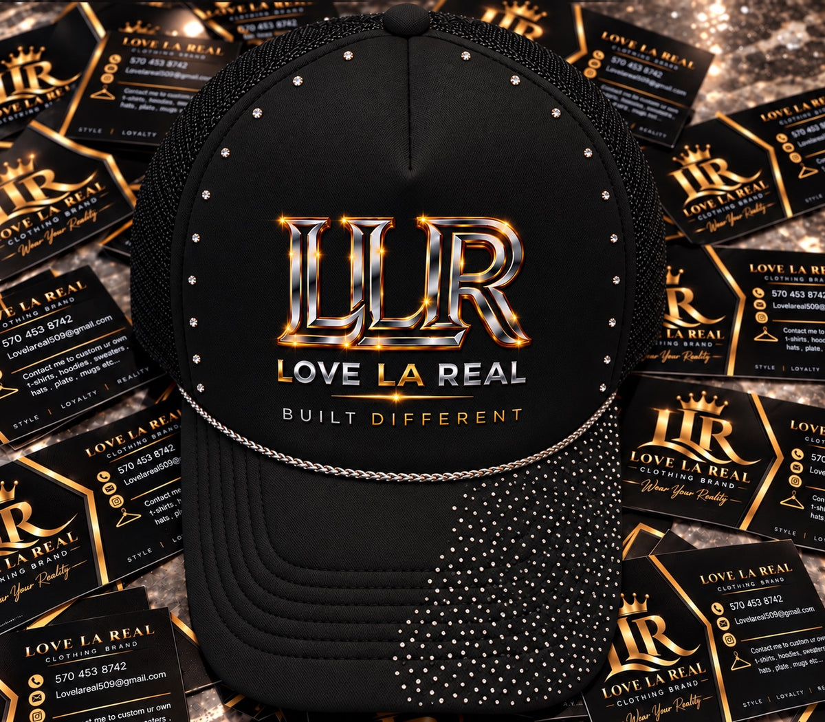 Love La Real black rhinestone hat with LLR logo
